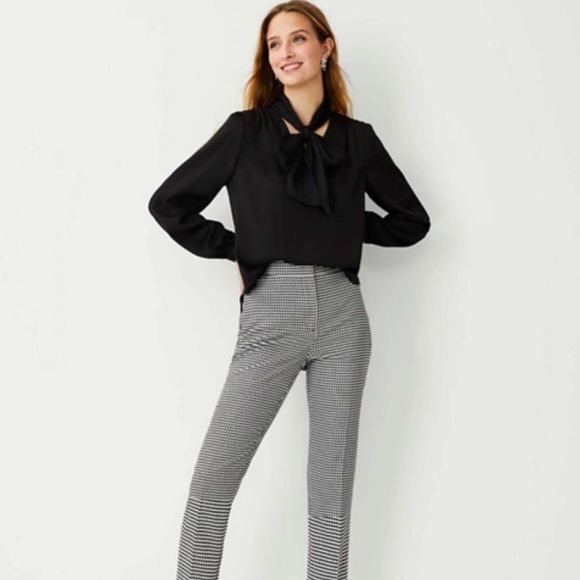 Ann‎ Taylor 00P Petite High Waist Everyday Ankle Pant in Houndstooth Black White - Picture 2 of 5